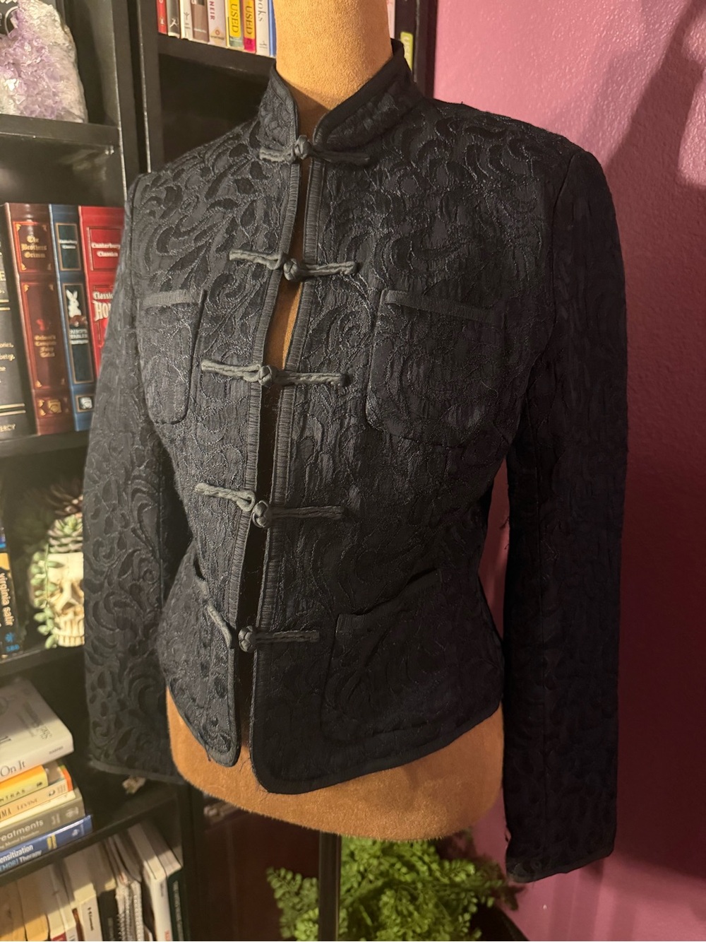 Vtg Lucky Brand Black Brocade Mandarin Collar Frog closure Jacket